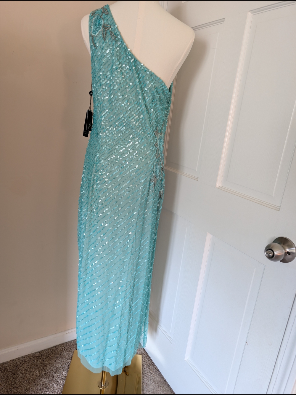NWT Adrianna Papell Aqua Floral Sequin One Shoulder Gown 8 - Picture 2 of 9